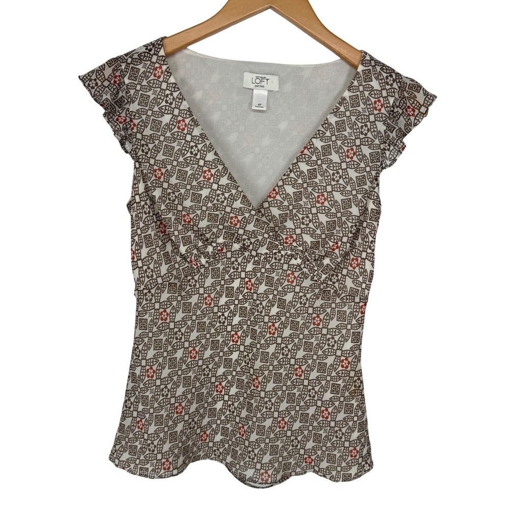 Ann Taylor Womens Y2K Babydoll Blouse Top Size‎ 4 Petite Brown Geometric Zip Vtg